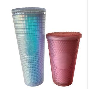 Starbucks Bundle 24oz Iridescent Unicorn Grid & 16oz Pink Lemonade Grid Tumblers